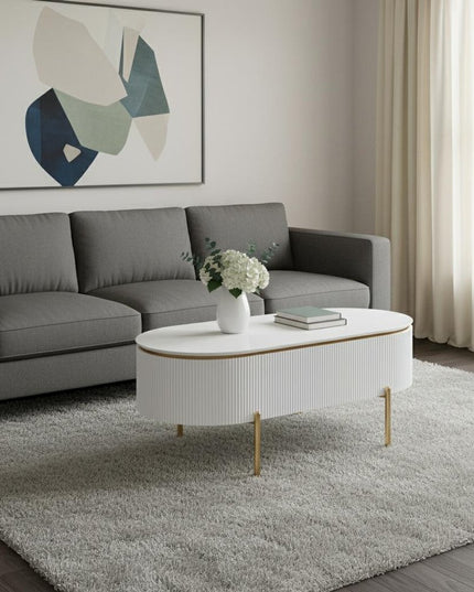 47" White and Gold Wood Oval Coffee Table With Drawer