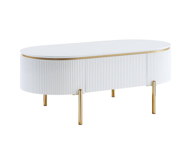 47" White and Gold Wood Oval Coffee Table With Drawer