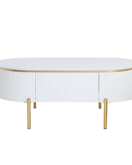 47" White and Gold Wood Oval Coffee Table With Drawer