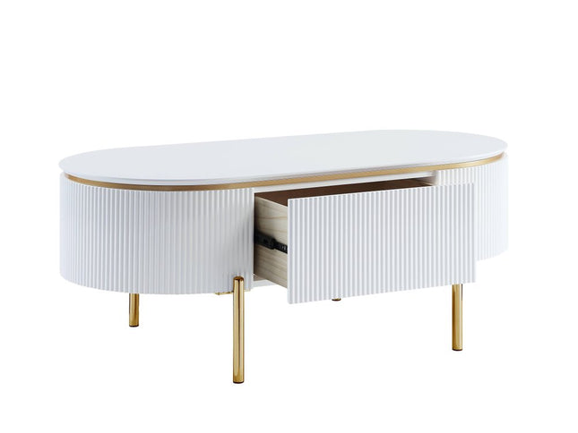 47" White and Gold Wood Oval Coffee Table With Drawer