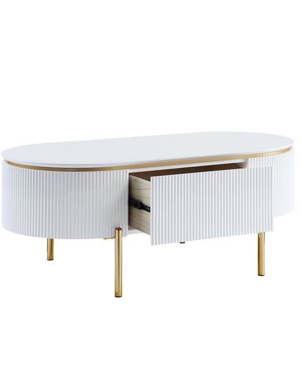47" White and Gold Wood Oval Coffee Table With Drawer