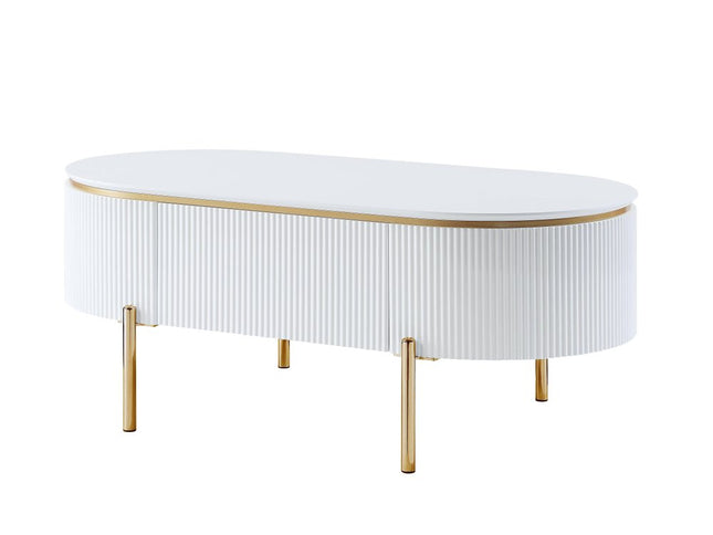 47" White and Gold Wood Oval Coffee Table With Drawer