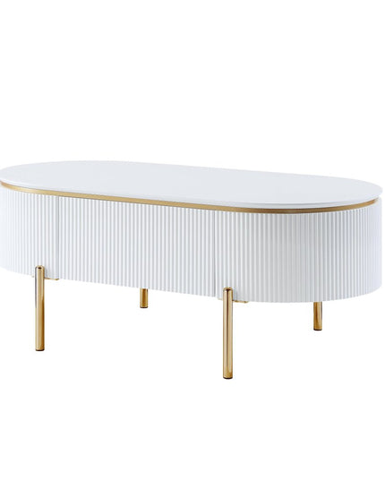 47" White and Gold Wood Oval Coffee Table With Drawer