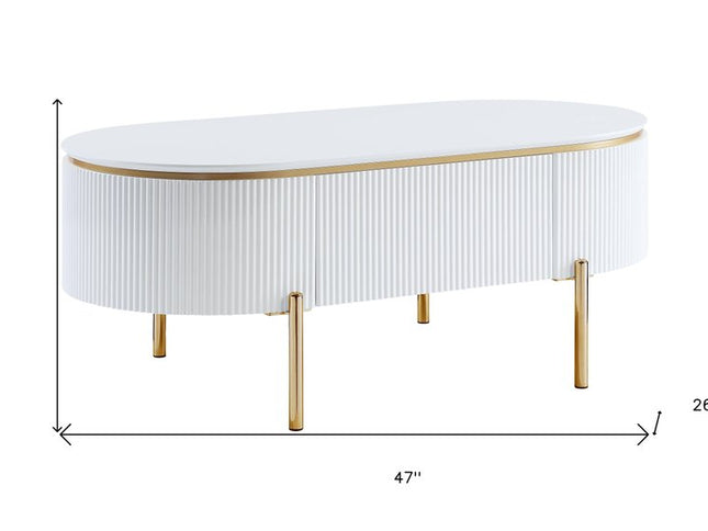 47" White and Gold Wood Oval Coffee Table With Drawer