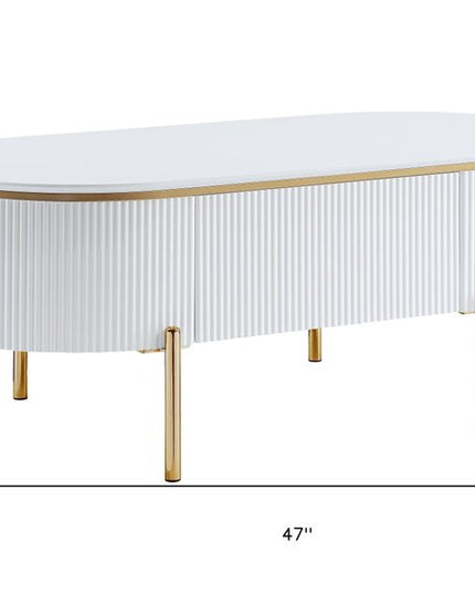 47" White and Gold Wood Oval Coffee Table With Drawer