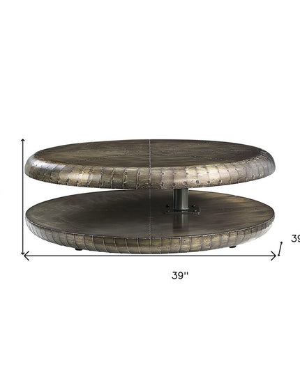 39" Bronze Aluminum Round Floor Shelf Coffee Table With Shelf