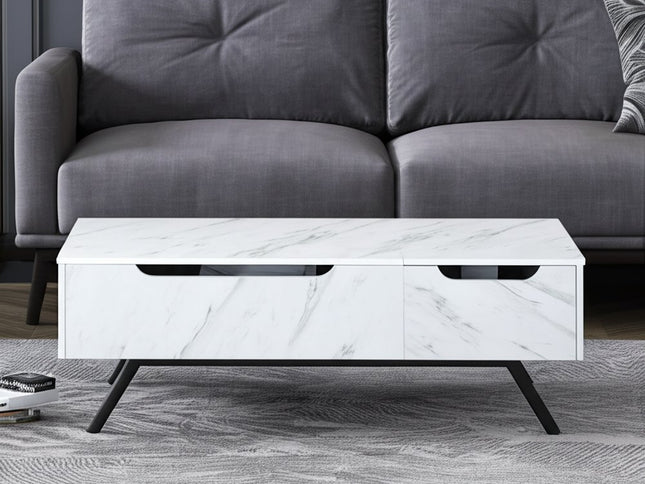48" White and Black Wood and Steel Lift Top Coffee Table With Drawer