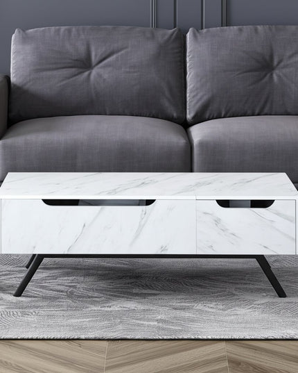 48" White and Black Wood and Steel Lift Top Coffee Table With Drawer