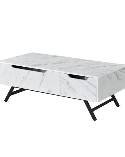 48" White and Black Wood and Steel Lift Top Coffee Table With Drawer