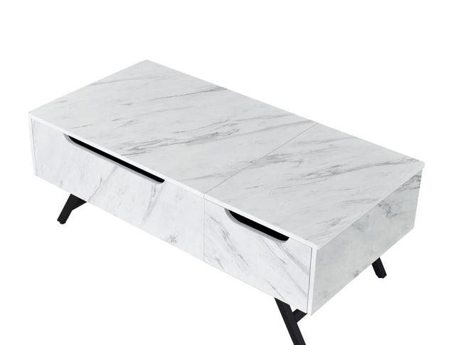 48" White and Black Wood and Steel Lift Top Coffee Table With Drawer