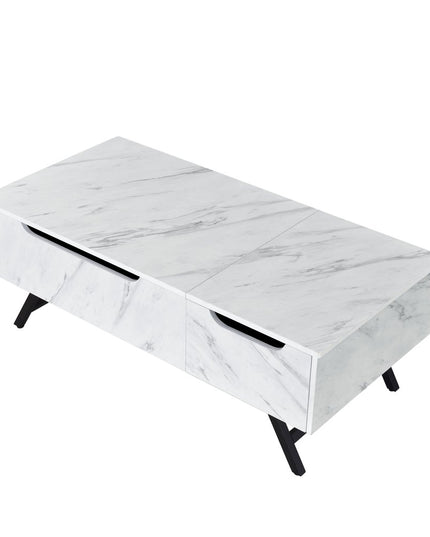 48" White and Black Wood and Steel Lift Top Coffee Table With Drawer