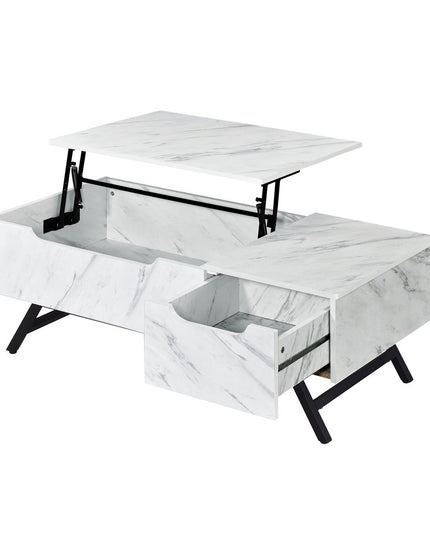 48" White and Black Wood and Steel Lift Top Coffee Table With Drawer