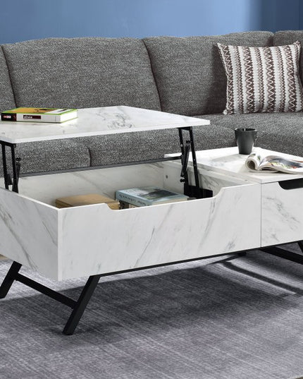 48" White and Black Wood and Steel Lift Top Coffee Table With Drawer