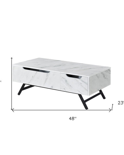48" White and Black Wood and Steel Lift Top Coffee Table With Drawer