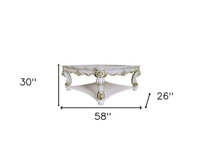 58" Ivory and Gold Wood Square Coffee Table With Shelf