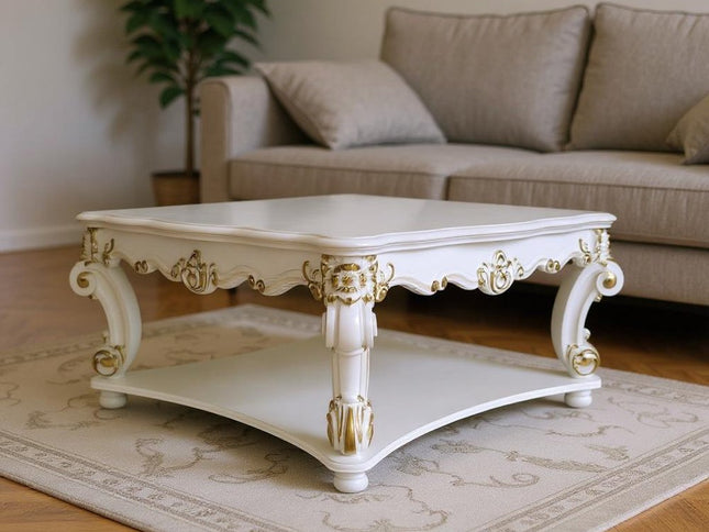 58" Ivory and Gold Wood Square Coffee Table With Shelf