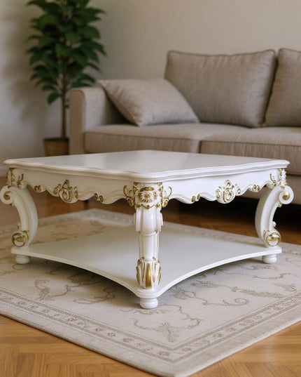 58" Ivory and Gold Wood Square Coffee Table With Shelf