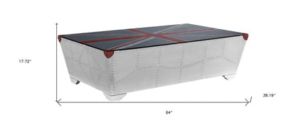 64" Silver Navy Blue And Red Union Jack Aviator Coffee Table