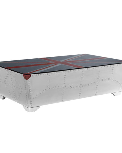 64" Silver Navy Blue And Red Union Jack Aviator Coffee Table