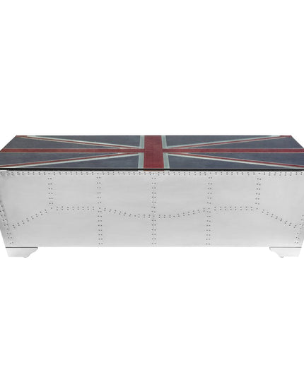 64" Silver Navy Blue And Red Union Jack Aviator Coffee Table