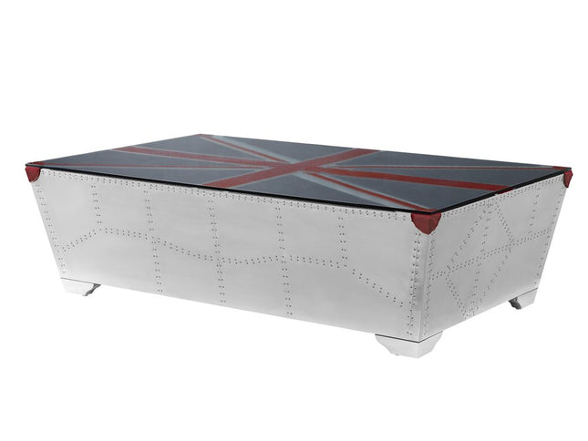 64" Silver Navy Blue And Red Union Jack Aviator Coffee Table