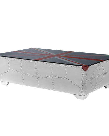 64" Silver Navy Blue And Red Union Jack Aviator Coffee Table