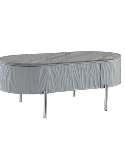 47" Gray Wood and Steel Oval Coffee Table With Drawer