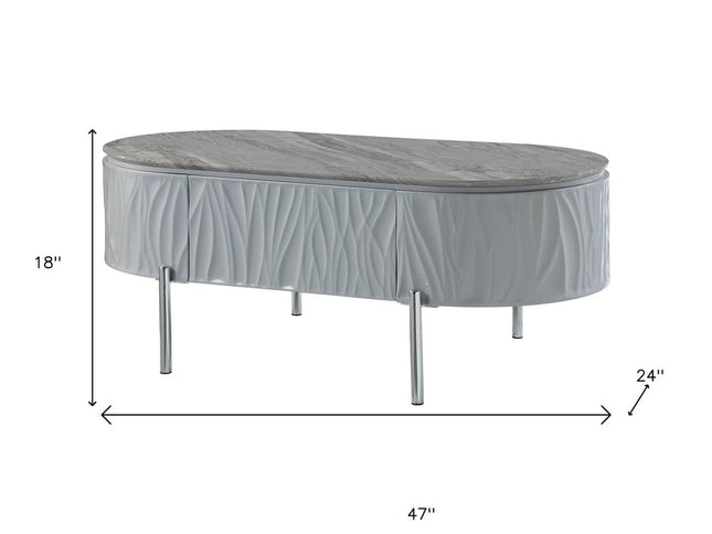 47" Gray Wood and Steel Oval Coffee Table With Drawer