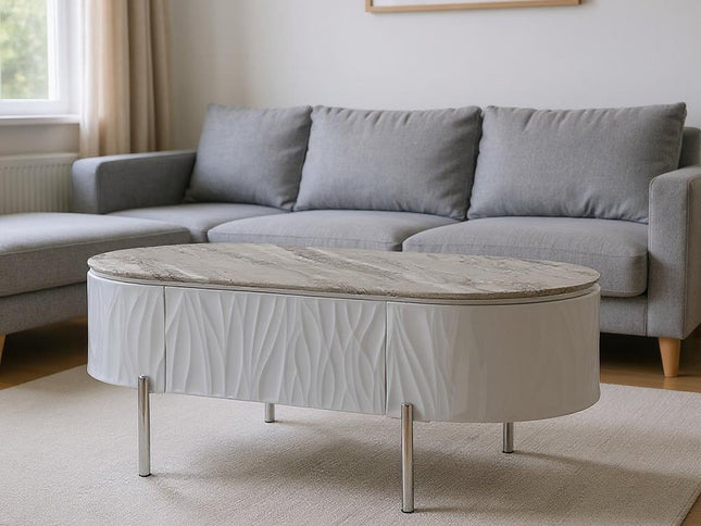 47" Gray Wood and Steel Oval Coffee Table With Drawer