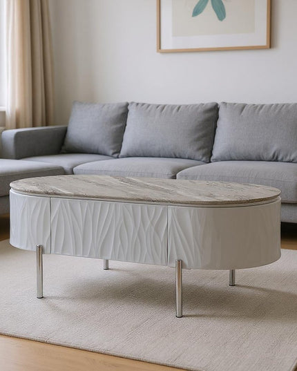 47" Gray Wood and Steel Oval Coffee Table With Drawer