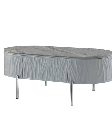 47" Gray Wood and Steel Oval Coffee Table With Drawer