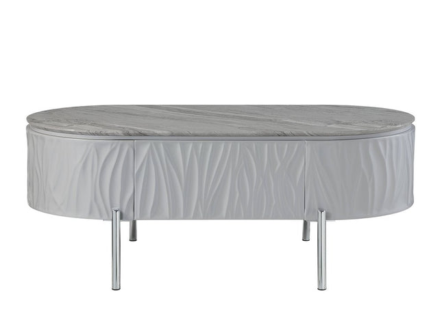 47" Gray Wood and Steel Oval Coffee Table With Drawer