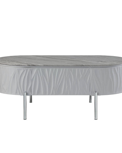 47" Gray Wood and Steel Oval Coffee Table With Drawer