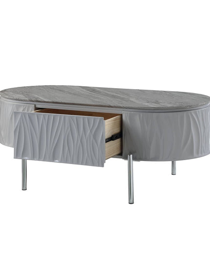 47" Gray Wood and Steel Oval Coffee Table With Drawer