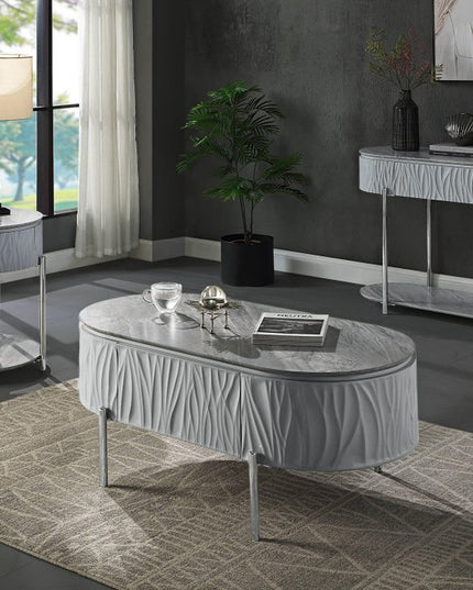 47" Gray Wood and Steel Oval Coffee Table With Drawer