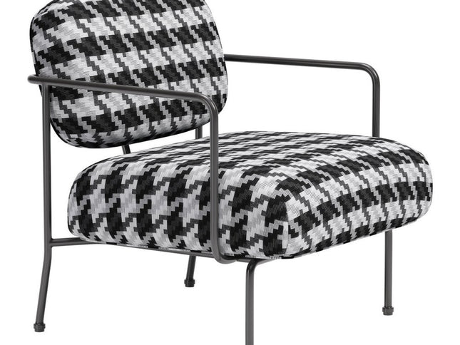 29" Black And White And Black Upholstered Houndstooth Arm Chair