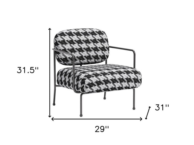 29" Black And White And Black Upholstered Houndstooth Arm Chair