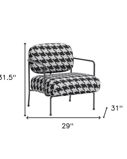 29" Black And White And Black Upholstered Houndstooth Arm Chair
