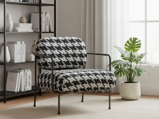 29" Black And White And Black Upholstered Houndstooth Arm Chair