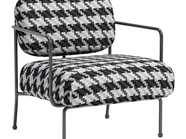 29" Black And White And Black Upholstered Houndstooth Arm Chair
