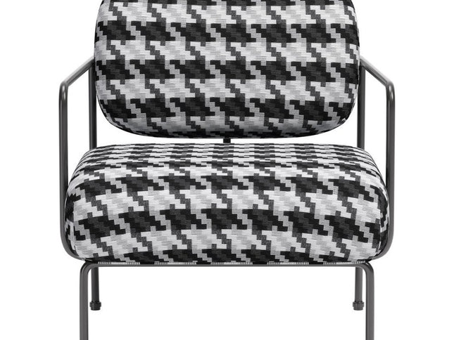 29" Black And White And Black Upholstered Houndstooth Arm Chair