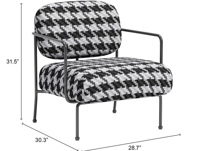 29" Black And White And Black Upholstered Houndstooth Arm Chair
