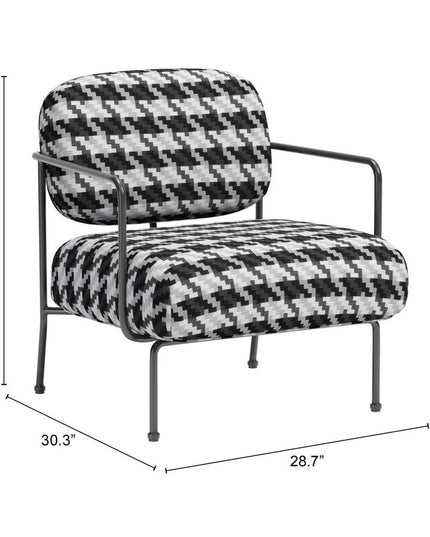 29" Black And White And Black Upholstered Houndstooth Arm Chair