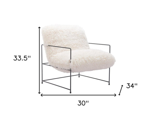 30" White And Black Sherpa And Upholstered Arm Chair