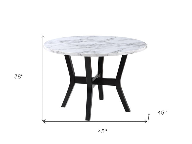 Five Piece White and Black Round Faux Marble Dining Set with Four Chairs