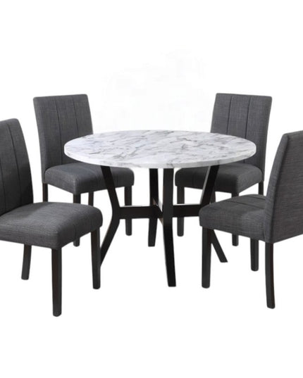 Five Piece White and Black Round Faux Marble Dining Set with Four Chairs