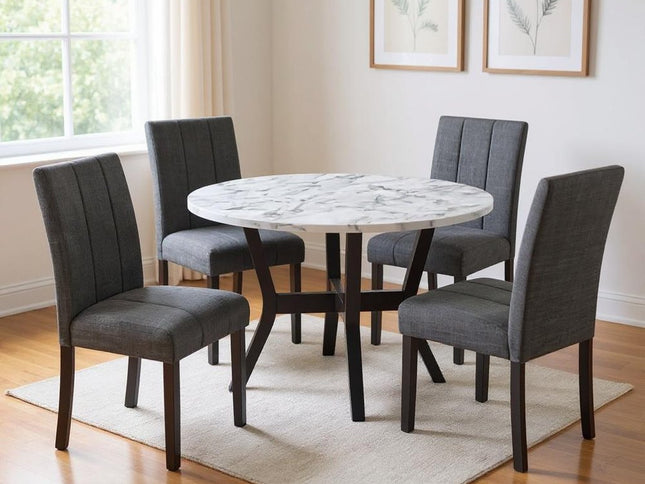 Five Piece White and Black Round Faux Marble Dining Set with Four Chairs
