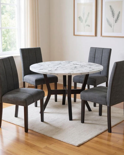 Five Piece White and Black Round Faux Marble Dining Set with Four Chairs