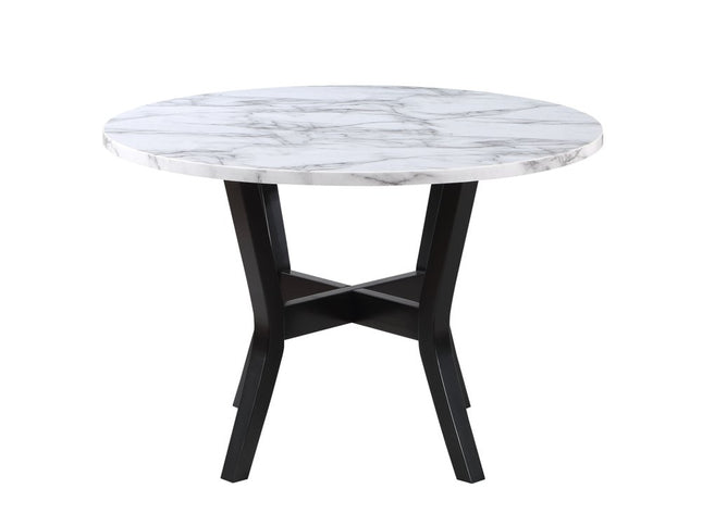Five Piece White and Black Round Faux Marble Dining Set with Four Chairs