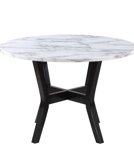 Five Piece White and Black Round Faux Marble Dining Set with Four Chairs